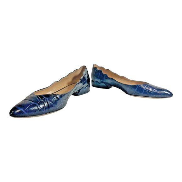 Chloé Size EU 36 US 6 Flats Blue Croc Embossed Ballerina Scalloped Leather Italy